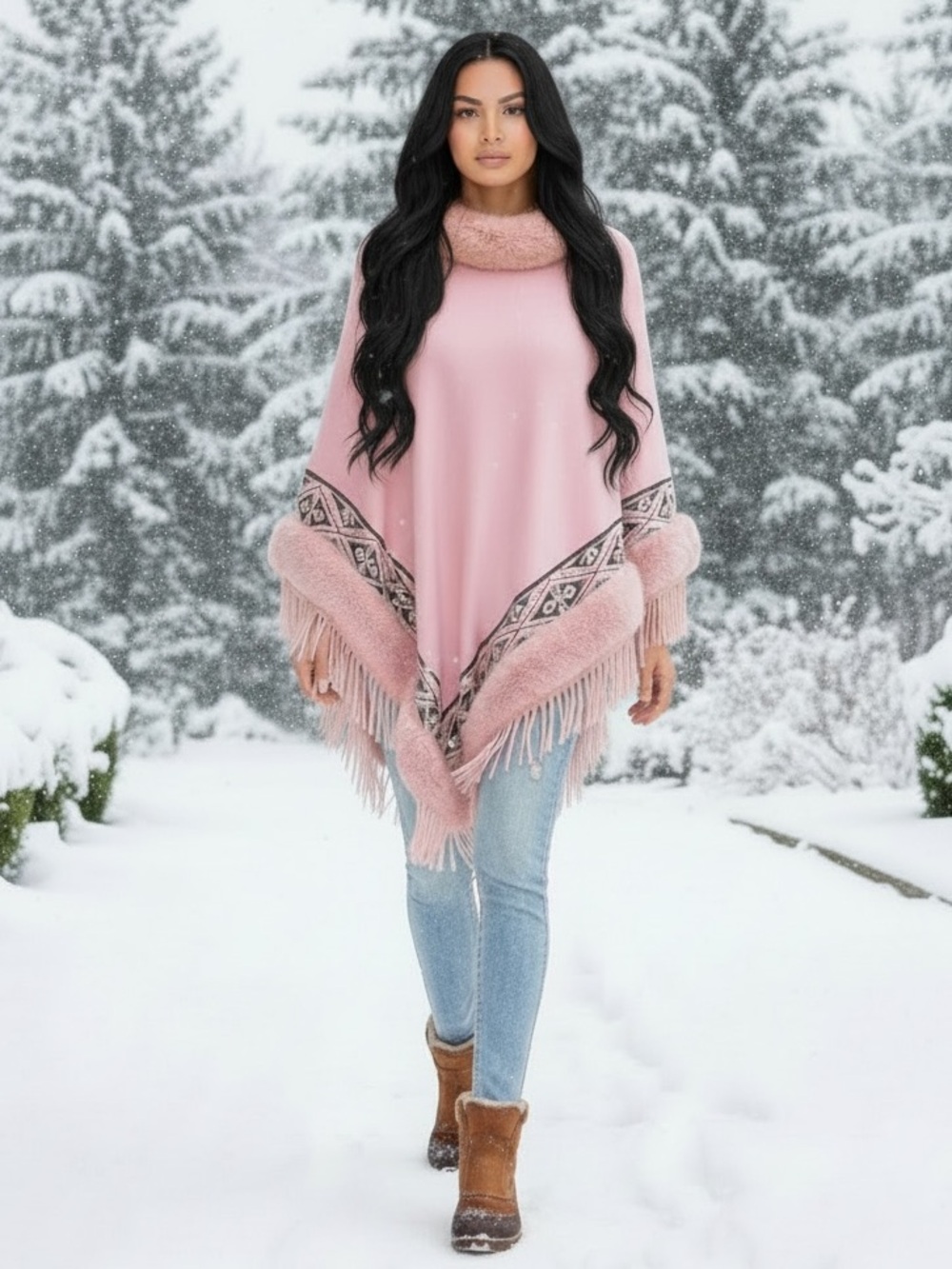 ON BLUE Cozy Pink Fringe Cape Cloak Wrap with Faux Fur Collar NWT